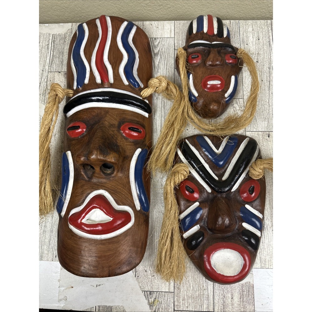 Tribal Mask Clay Ceramic Painted Folk Art Lot Of 3 Tiki Decor Conversation Piece